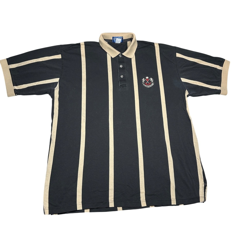 Vintage LA Mode Billiard Factory Striped Polo Shirt Mens XL Black Tan USA Made
